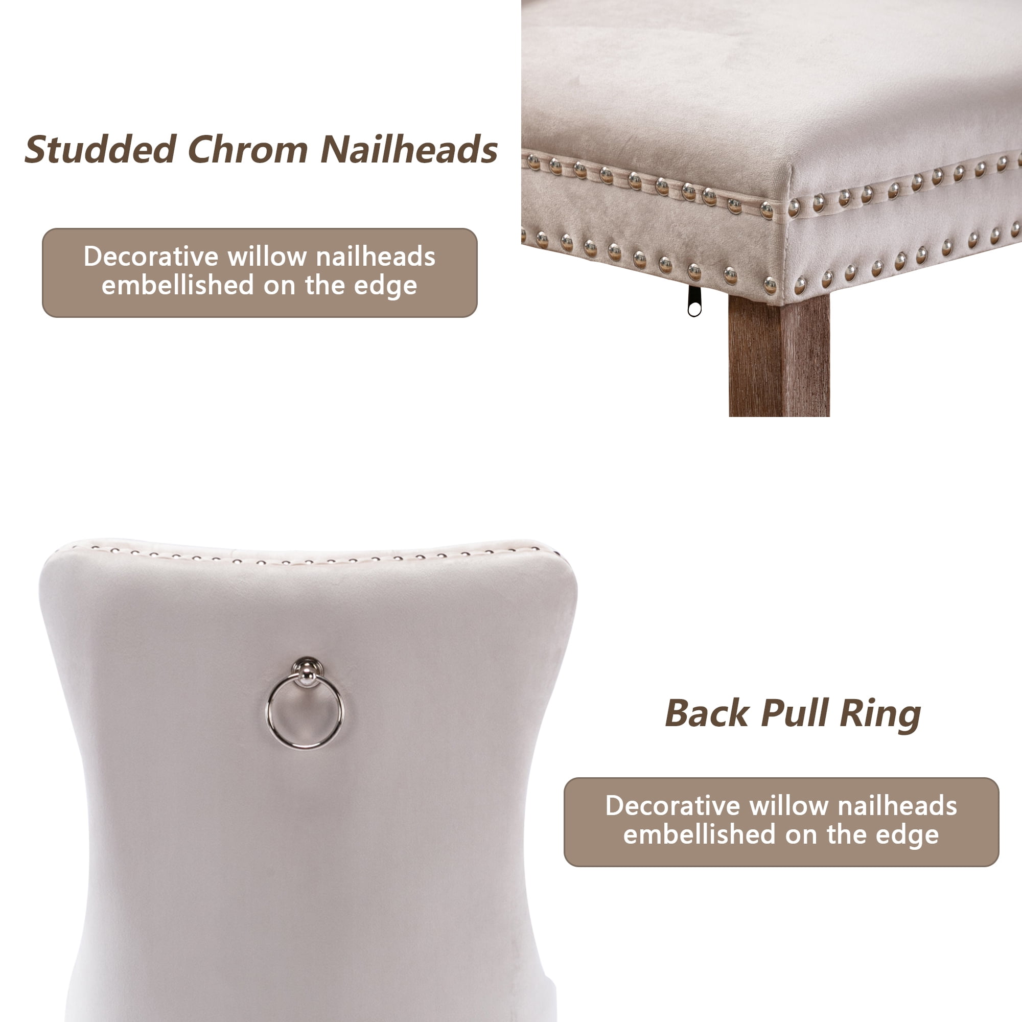 Resenkos Upholstered Tufted Dining Chairs Set of 2 with Nail Head Decor, Beige Velvet Fabric