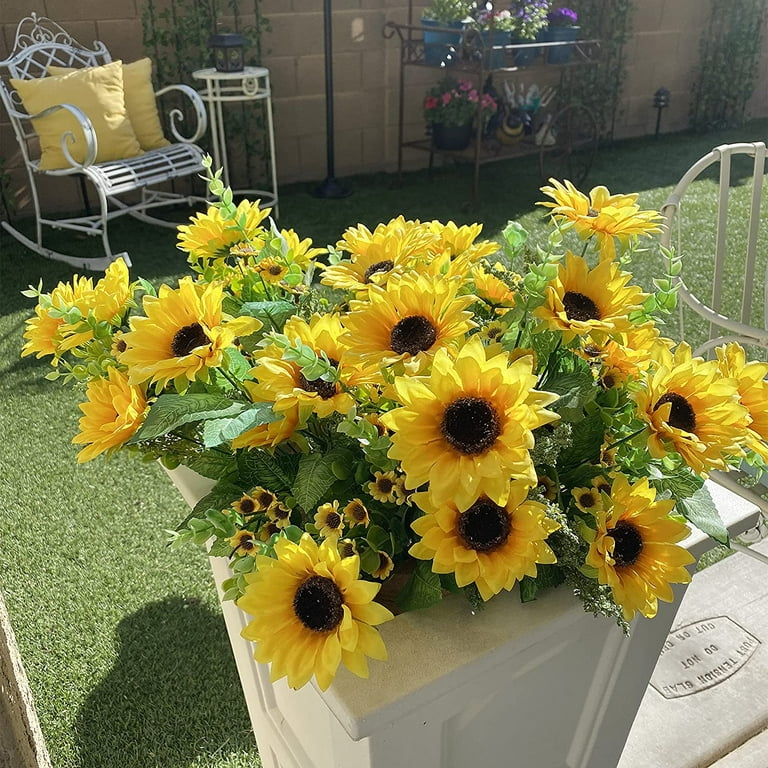 4 Bunches Yellow Sunflowers Artificial Flowers Mini Fake Sunflowers Bouquet with Stems for Home Decoration Indoor Outdoor Party DIY Wedding Bouquets