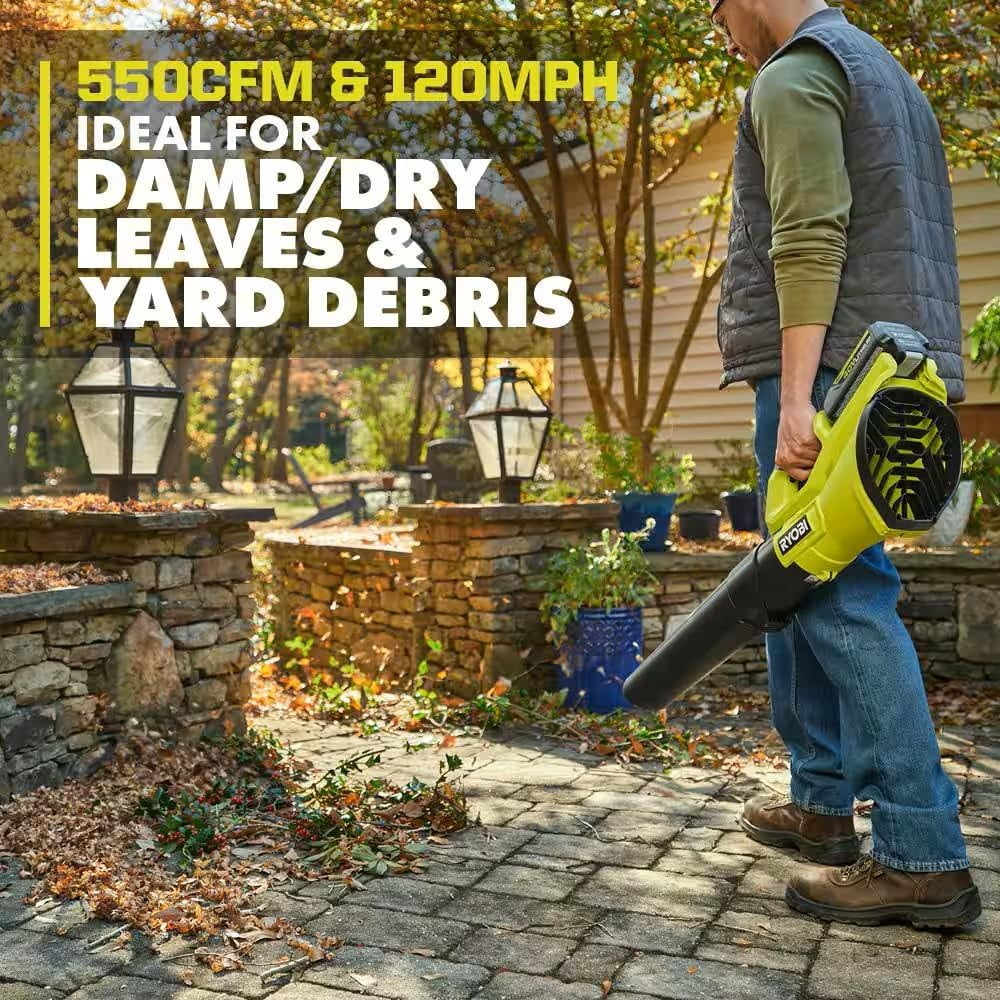 RYOBI 40-Volt Lithium-Ion Cordless Variable-Speed 120 MPH 550 CFM Leaf Blower (Tool-Only); Battery and Charger Not Included, Green, RY40LB01B