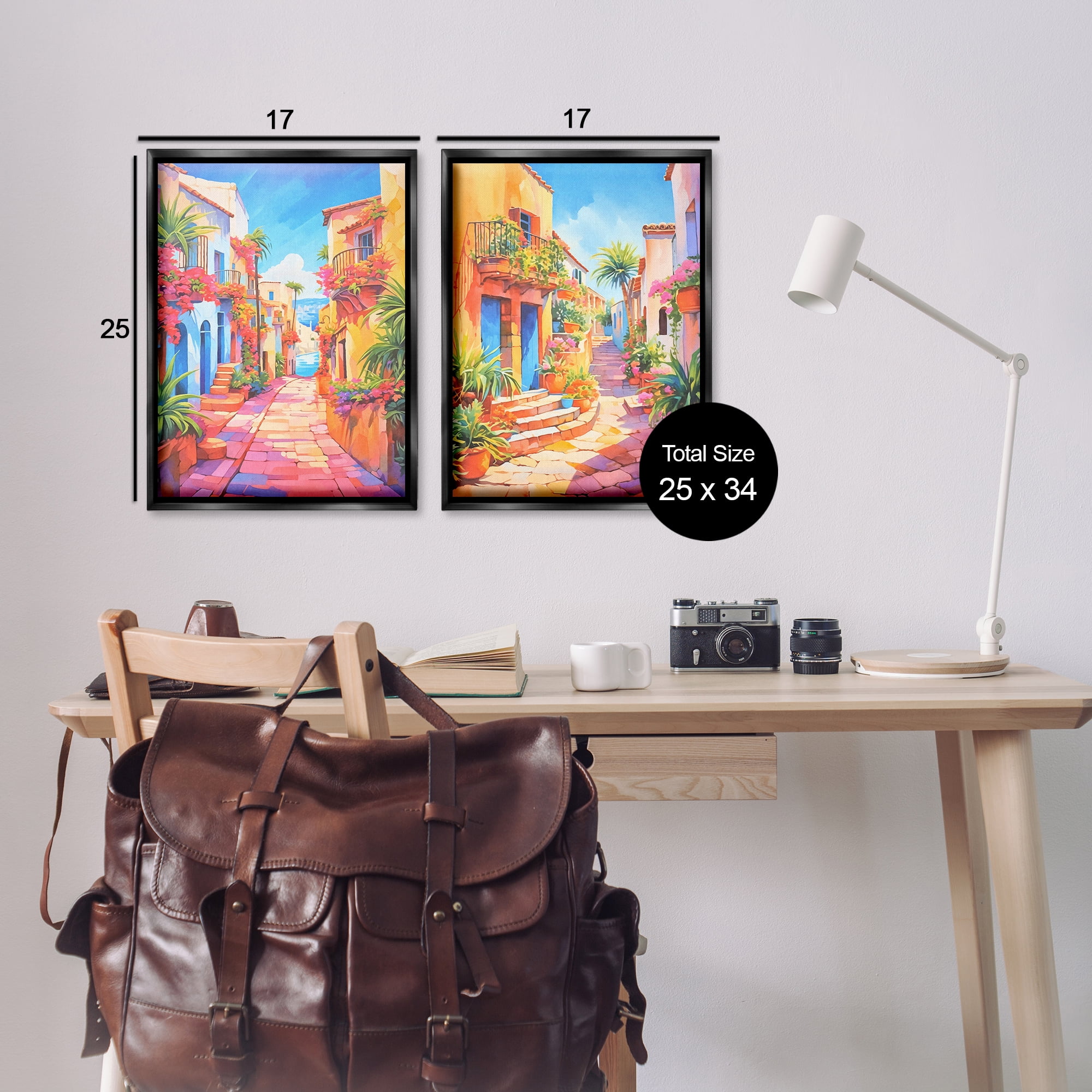Stupell Industries Quaint Mediterranean Village Buildings & Architecture Painting Black Floater Framed Canvas Art Print Wall Art, 17 x 25, Set of 2
