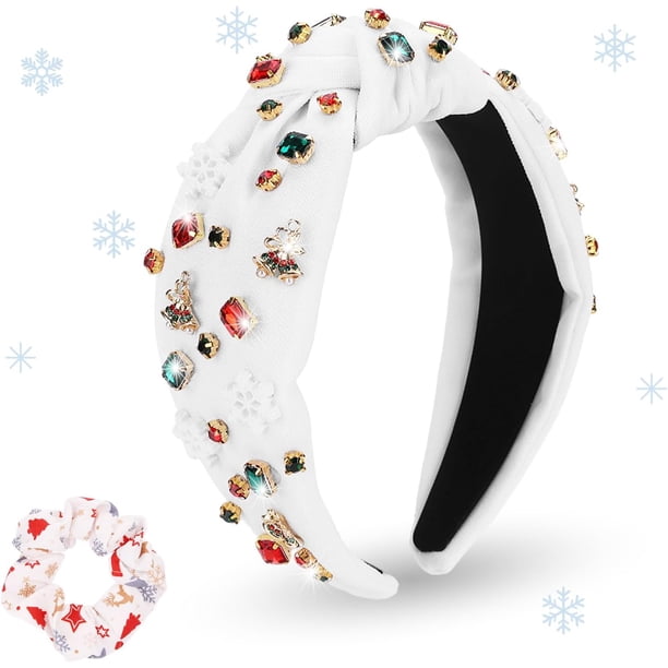 Diadema con nudo navideño para mujer, diadema ancha con nudo y diamantes de imitación en forma de campana de copo de nieve y coleteros con orejas de conejo, diadema con nudo superior rnada con