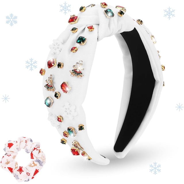 Diadema con nudo navideño para mujer, diadema ancha con nudo y diamantes de imitación en forma de campana de copo de nieve y coleteros con orejas de conejo, diadema con nudo superior rnada con