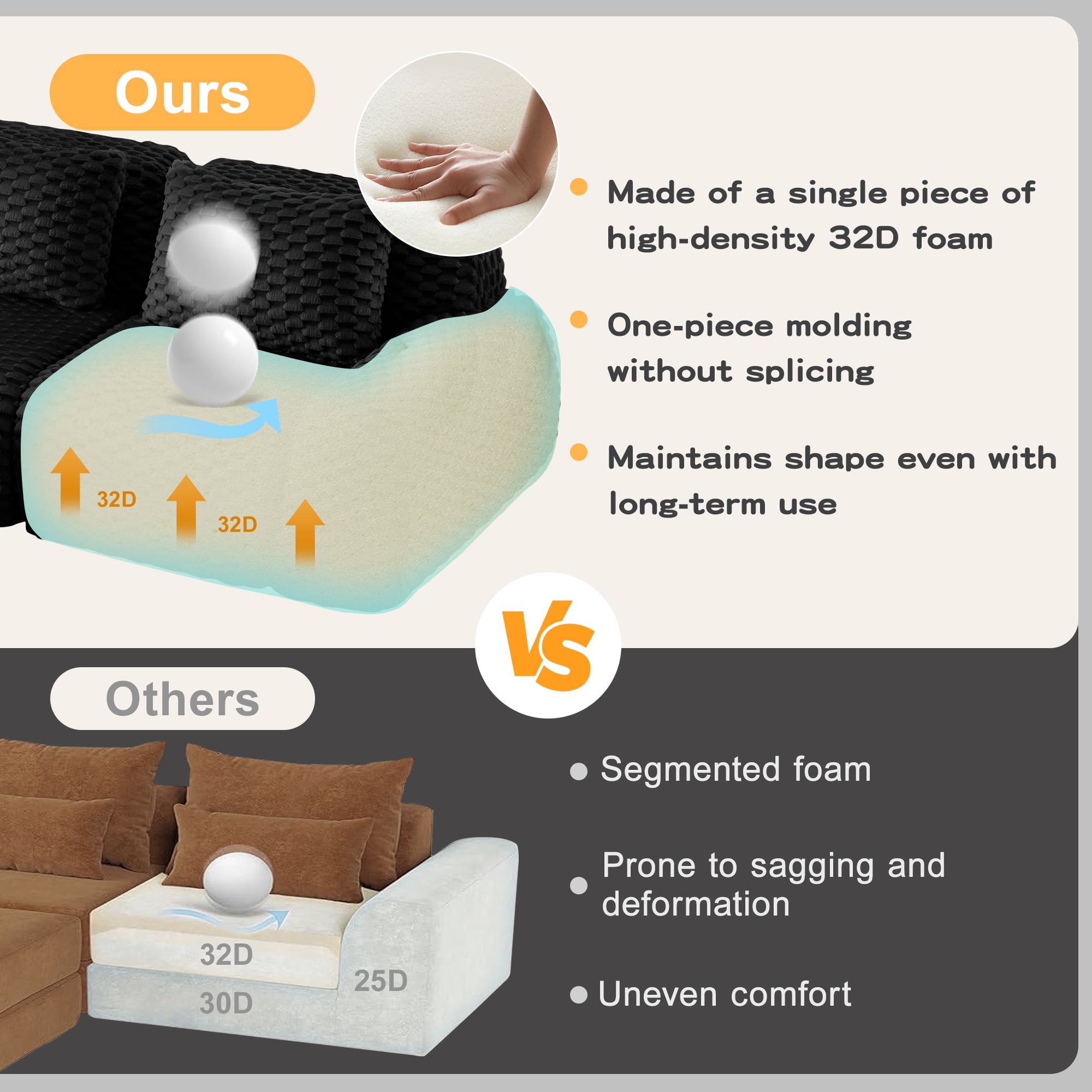 MAYEERTY 114" L-Shaped Modular Couch, Textured Flannelette, Movable Ottoman, Anti-Slip, No Assembly, Black