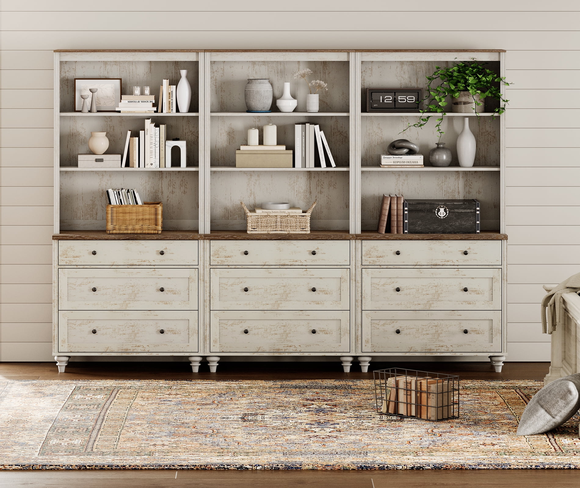 Farmhouse 5 Tier Bookcase With 9 Drawers, Rustic White, 101.6" W