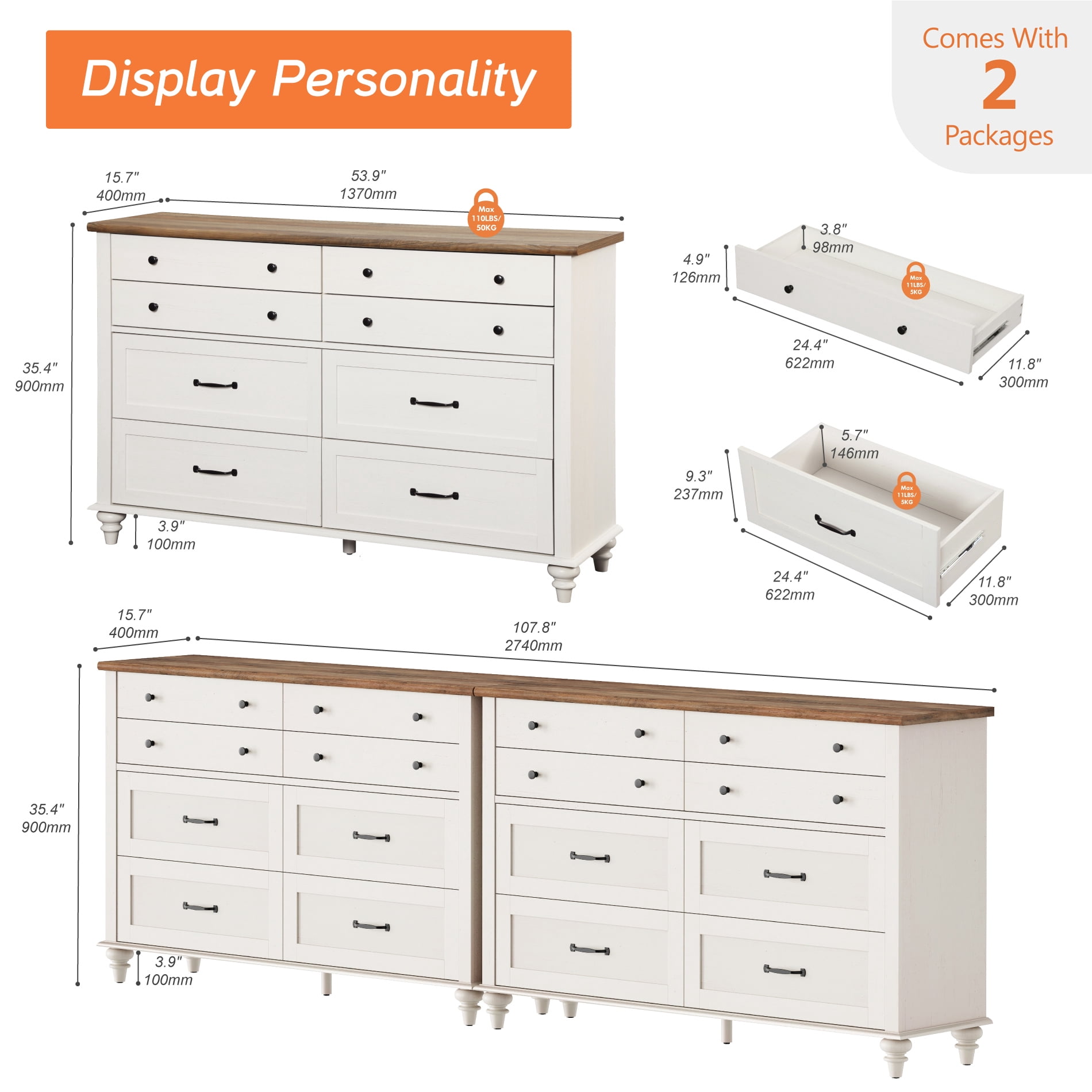 Set of 2 Dressers with 16 Drawers, Large Dresser TV Stand for Living Room Kids Room, White