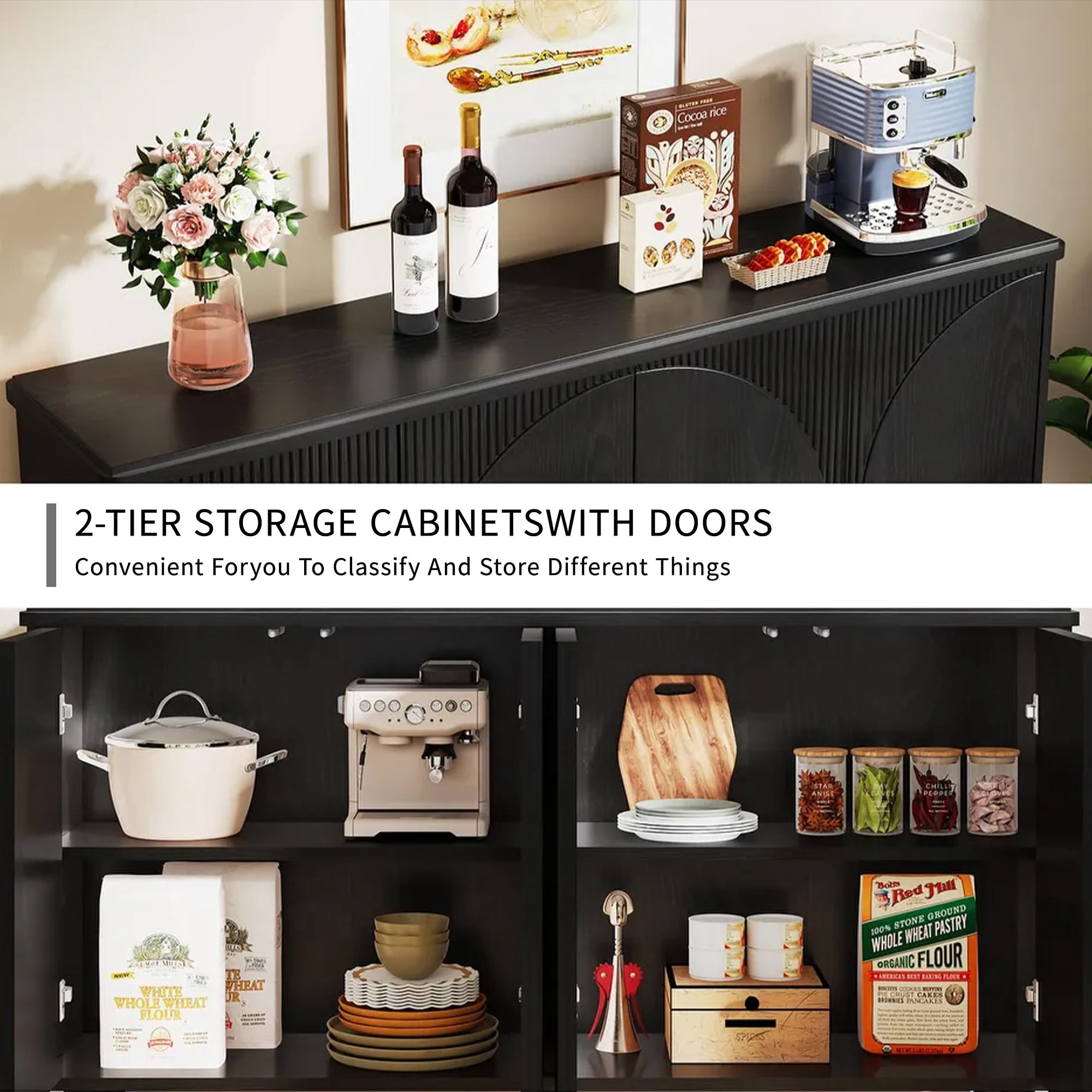MAYEERTY Spacious Countertop Buffet Cabinet 4-Tier Storage for Dishware Utensils