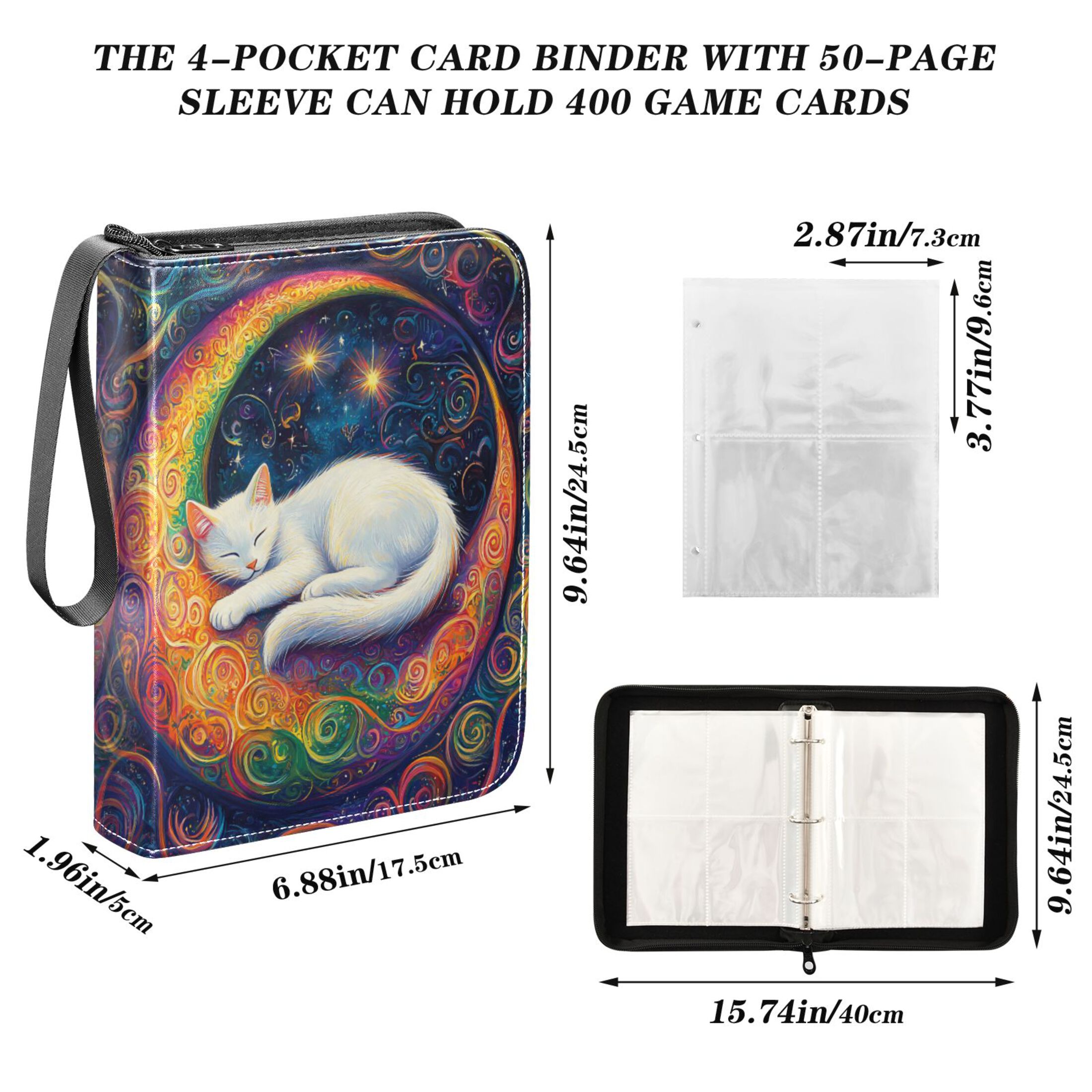 Trading Card Binder Album 400 Pockets 50 Removable 4-Pocket Pages Waterproof Cat Laying on Moon