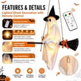 thumbnail image 5 of Halloween Broom Swing Ghost,4.3FT White Cloth Ghost Hanging Ornament with Witch Hat Broom for Decor Porch Yard Tree, 5 of 7