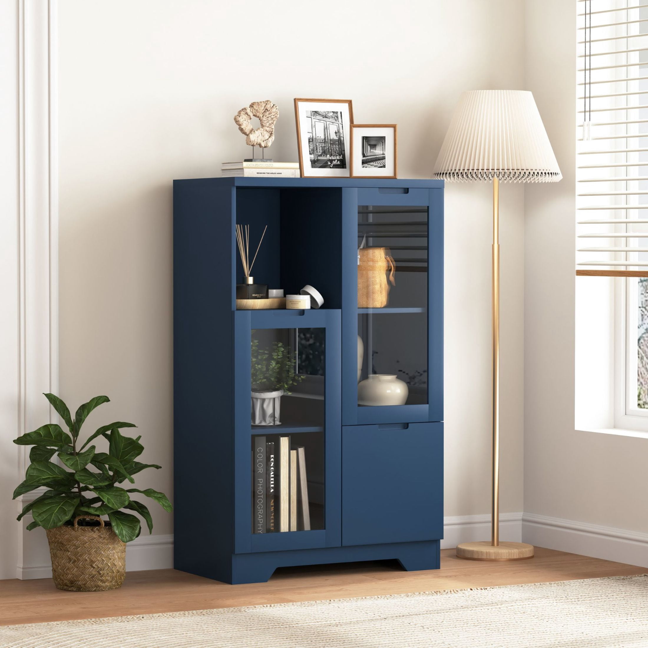 Noble House Storage Cabinet with Glass Doors and Drawer, Adjustable Shelves, Navy Blue