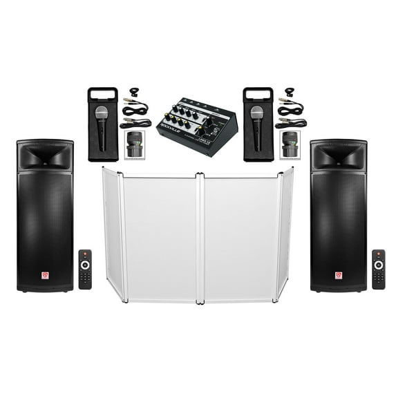 DJ Package 2) Rockville BPA225 Dual 15" Powered 1500w Speakers+Mixer+Mics+Facade