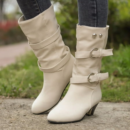 

TALKVE Women s Vintage Buckle Round Toe Plus Velvet Mid Heel Cowboy Boots Shoes