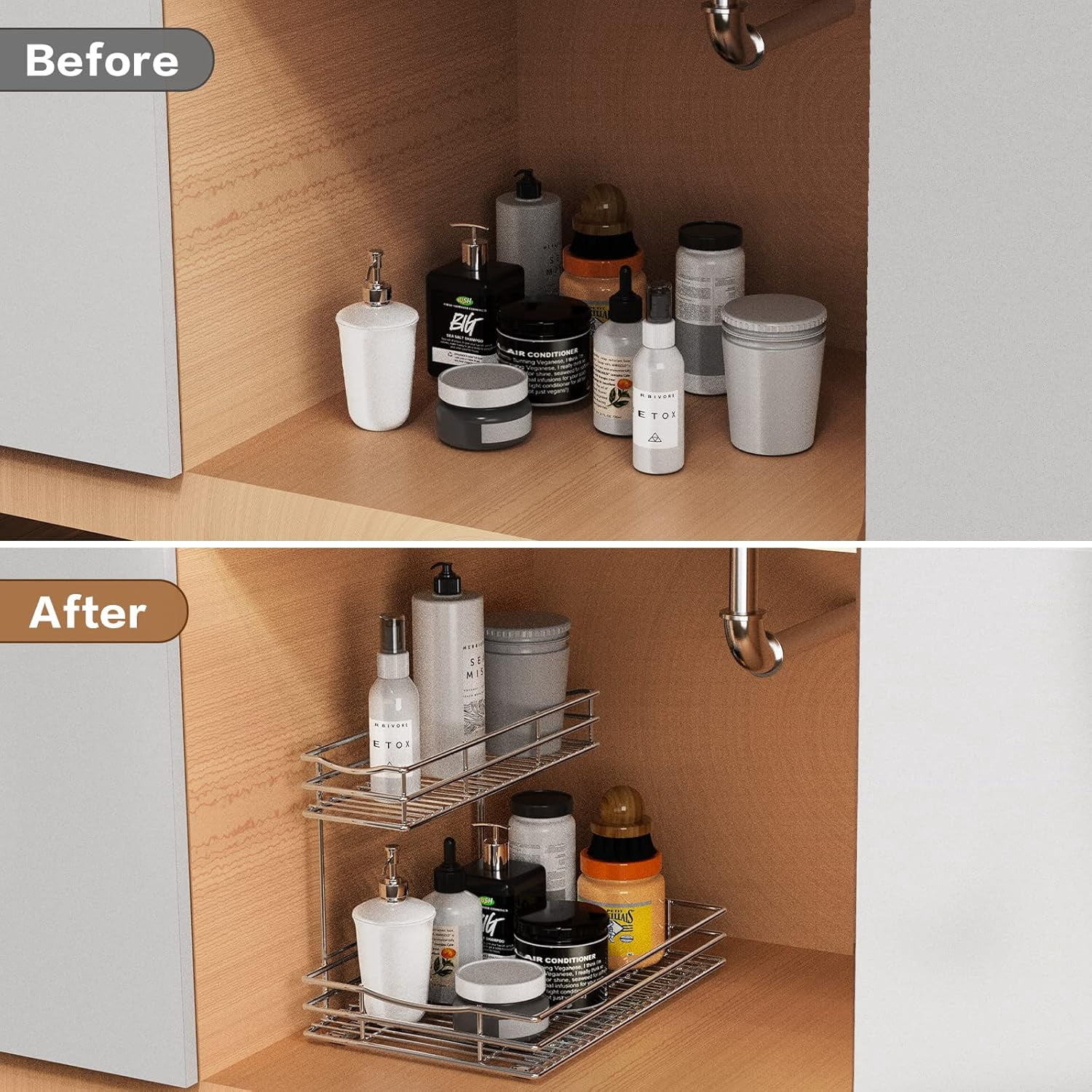 VyGrow Pull Out Cabinet Organizer 2 Tier Under Sink Organizers and Storage, Multi Purpose Sliding Cabinet Basket for Cabinet Countertop Shelf Holder, Sliver