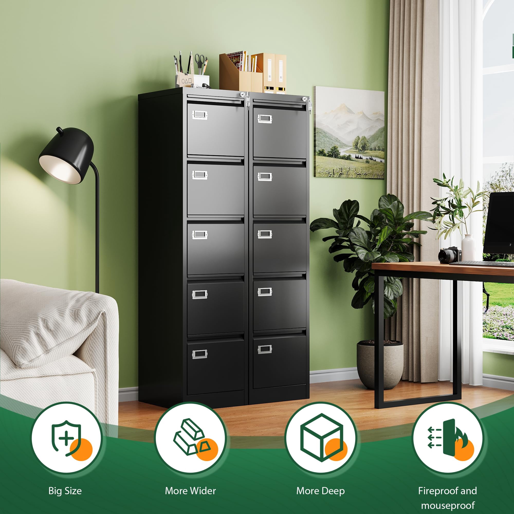 Fesbos 5 Drawer File Cabinet with Lock, Filing Cabinets for Home Office,18" Deep Vertical Metal Black Office File Storage Cabinet Organizer for Letter/Legal / A4