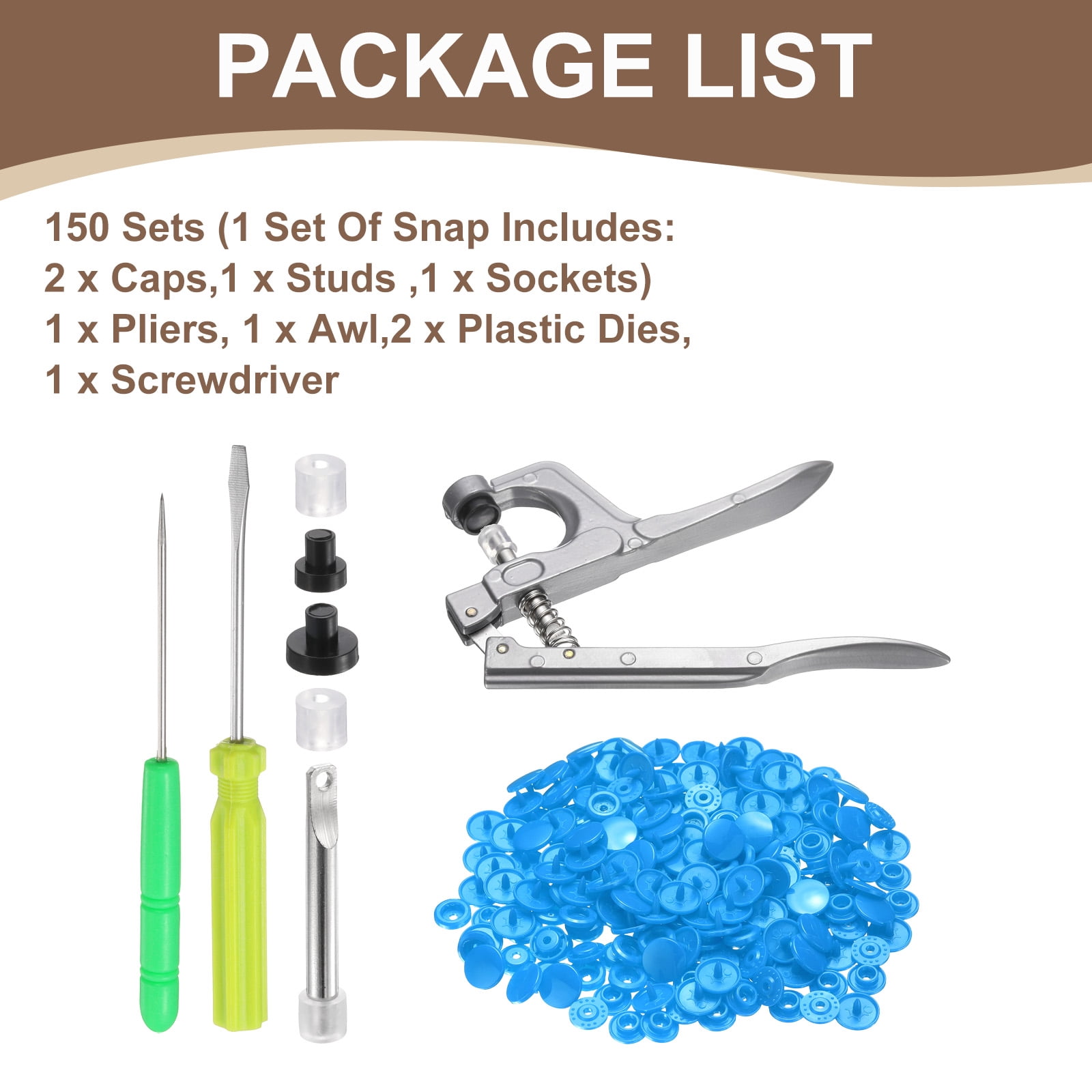 Uxcell Plastic Snaps Fasteners with Snap Pliers, 150 Set T5 Round Resin No-Sew Button Snap Fasteners Kit Sky Blue