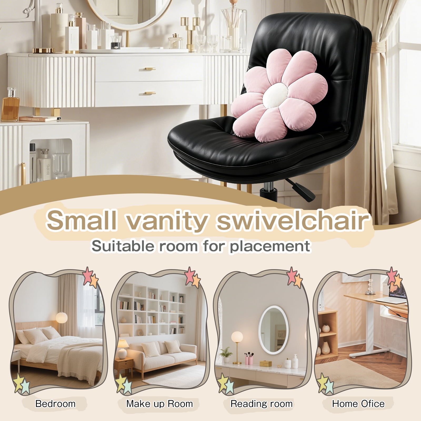 Vanity Chair with Back, PU Leather Swivel Office Desk Chair, Height Adjustable Armless Chair for Small Spaces, Bedroom, Vanity, Home Office Black