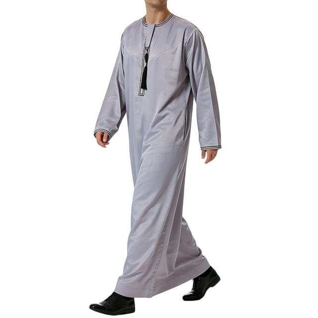 RXMEKW Long Sleeve Thobe for Men with Neck Zipper and Pocket, Arabic Style Casual Robe in Solid Color