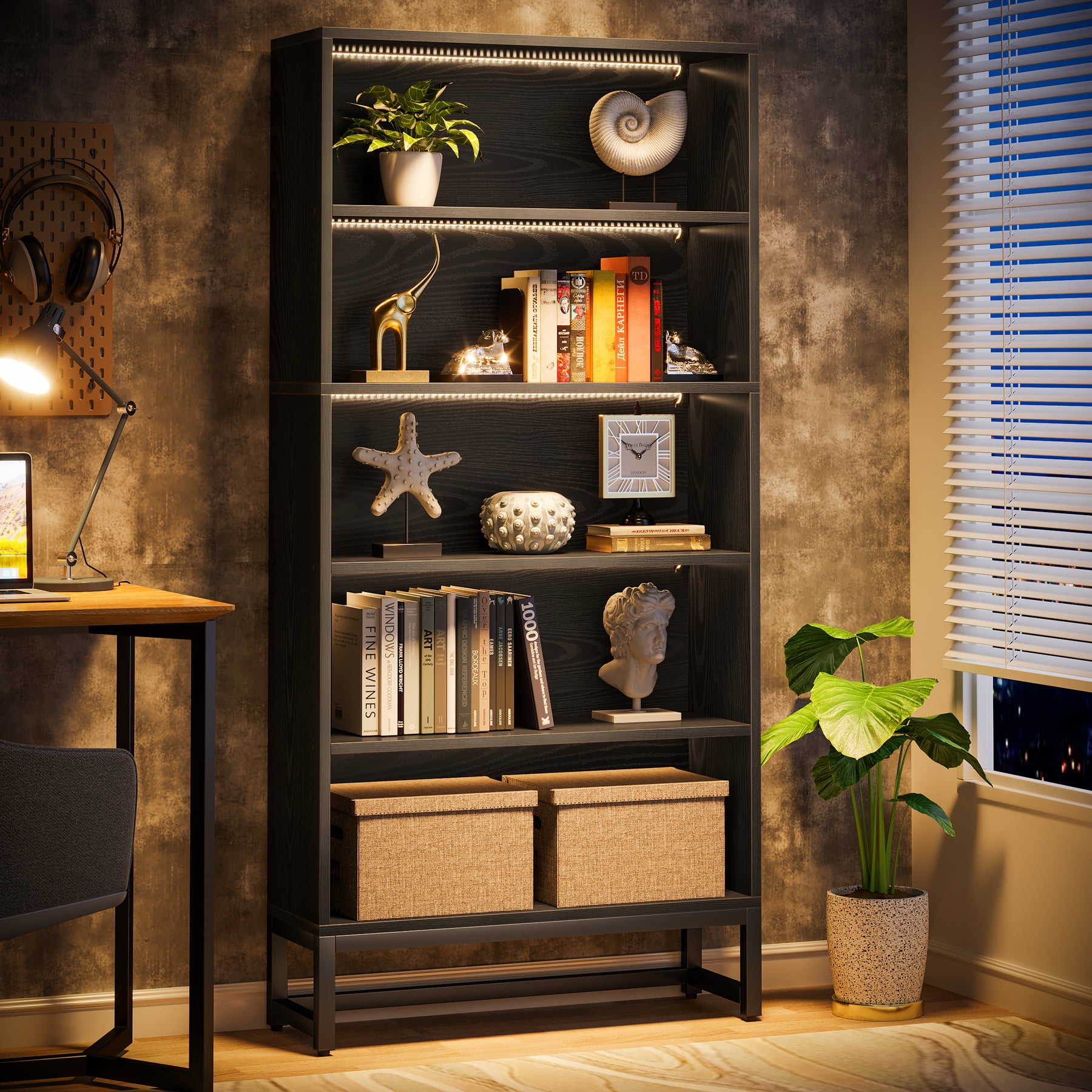 Tribesigns 70.8" Bookcase Bookshelf, Tall Large 5-Tier Bookcases with LED Lights, Black