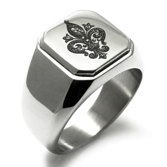 Stainless Steel Crown Fleur De Lis Engraved Square Flat Top Biker Style Polished Signet Ring