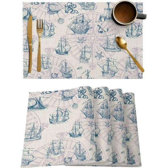 Sailboat Placemats Set of 6,Washable Woven Burlap Cloth Fabric Placemat for Square/Rectangle/Round/Oval Dining Table,Easy Clean Place Mats for Kids Retro Nautical Compass Coastal Octopus Starfish