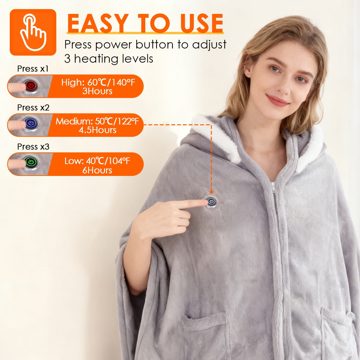 Imountek Wearable Heated Blanket with 8 Heating Zones, 3 Temperature Levels, Machine Washable Flannel, Portable USB Electric Heating Throw for Indoor Outdoor Use, Beige