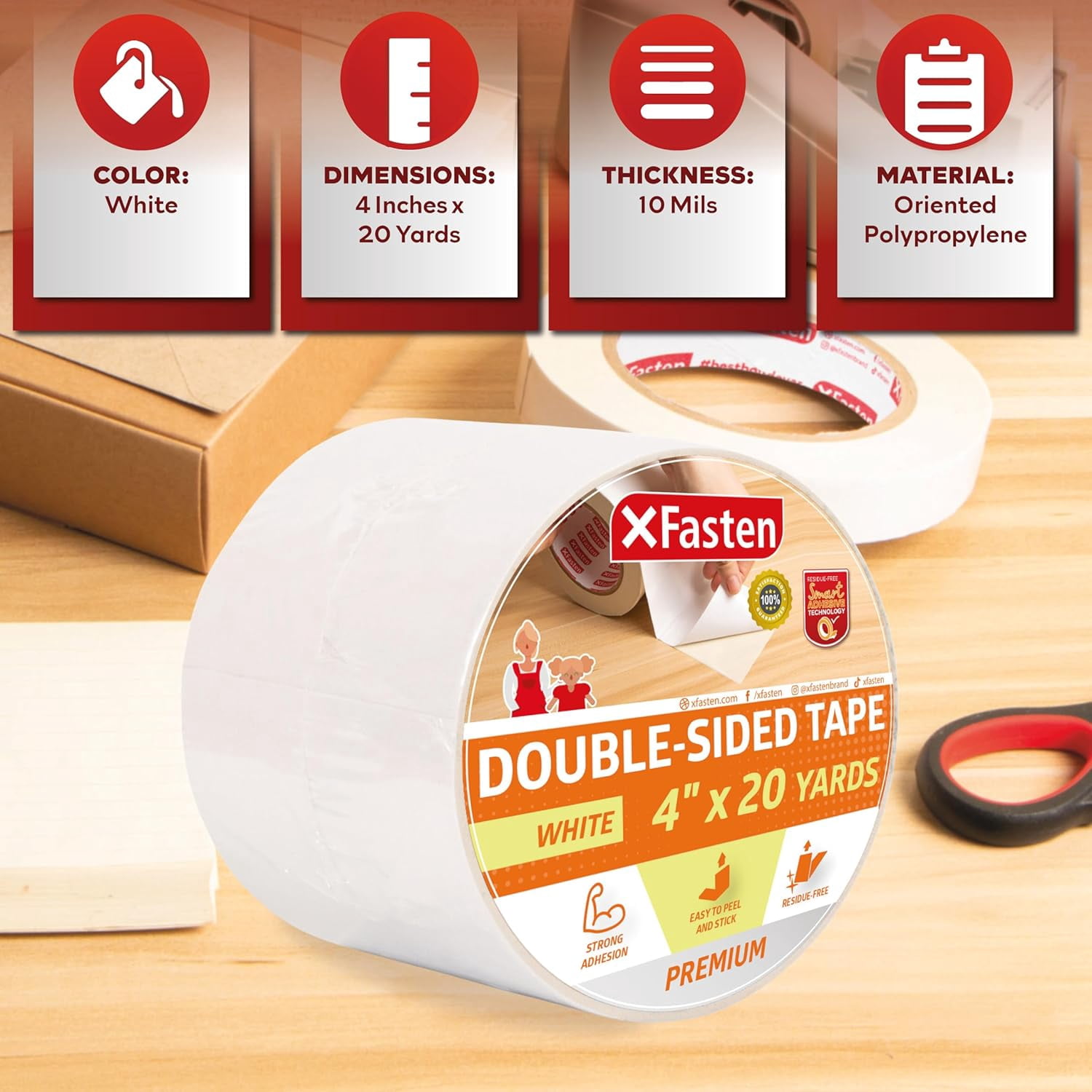 Double Sided Sticky Tape, Removable, 4-Inches x 20-Yards, Single Roll Ideal as a Anti-Scratch Cat Training Tape, Holding Carpets, and Woodworking