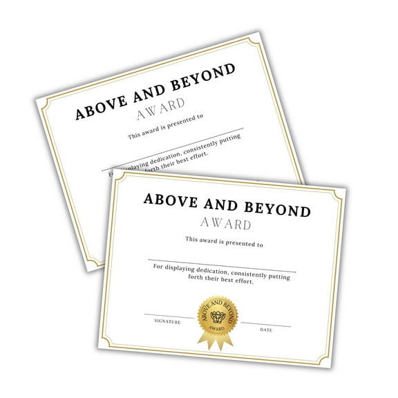 Above & Beyond Award Certificate 6pk Linen 8.5x11 Volunteer Appreciation Mentor Sponsor Work Office Excellence Community Service