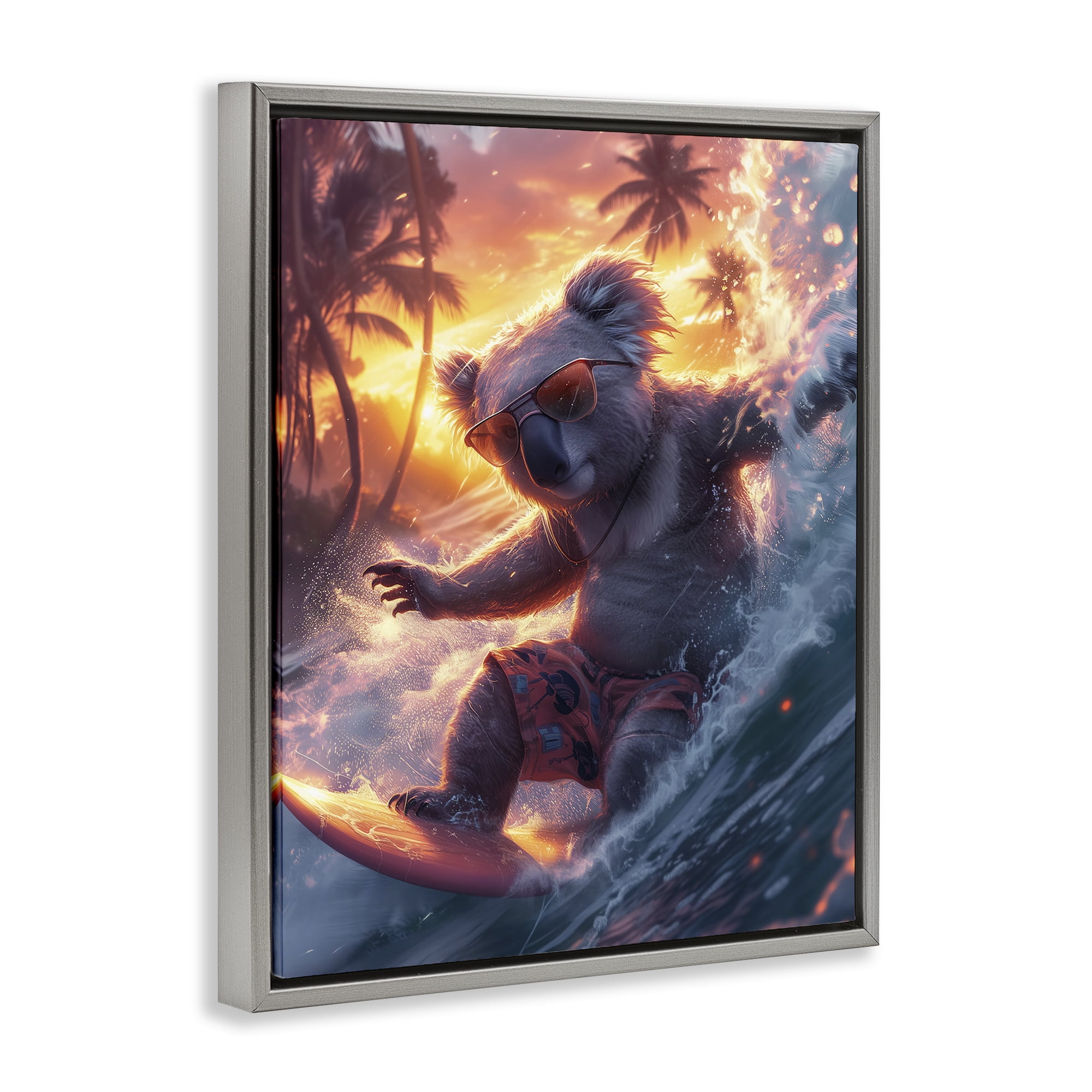Stupell Industries Surfing Tropical Koala Coastal Painting Gray Floater Framed Canvas Art Print Wall Art, 17 x 21
