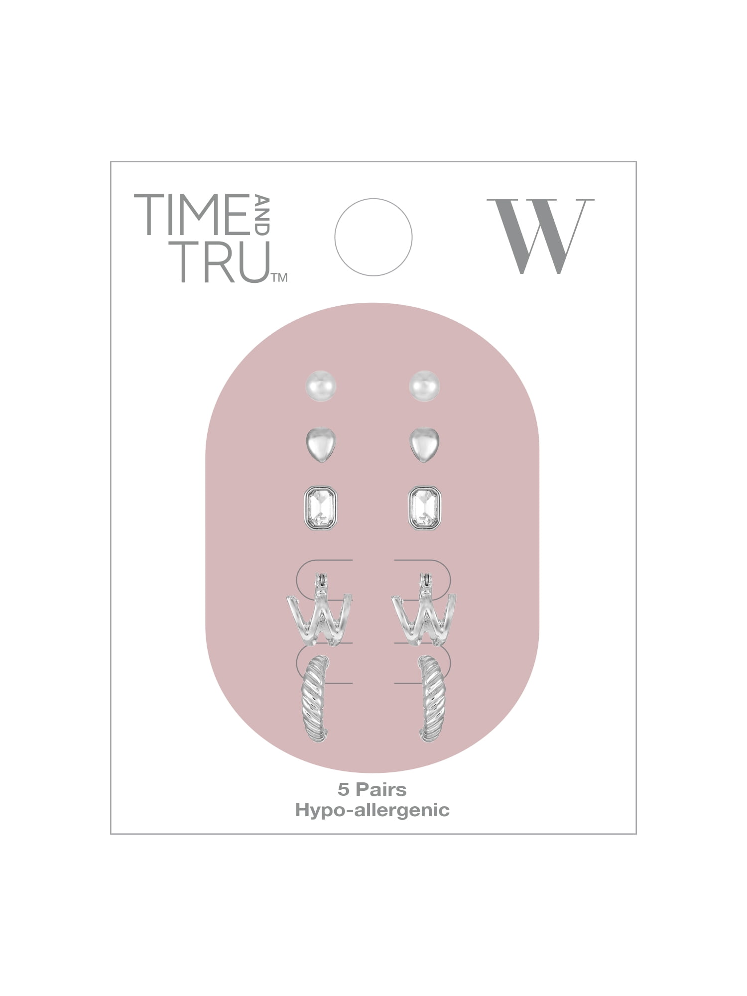 Time and Tru Silvertone Multi Earring Set, 5 Pairs, Initial W