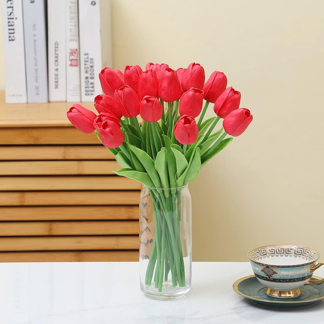 White Artificial Flowers 20 Pcs Faux Tulips PU Real Touch Fake Flowers for Home Office Wedding Decor Arrangement Bouquet Faux Flowers for Decoration