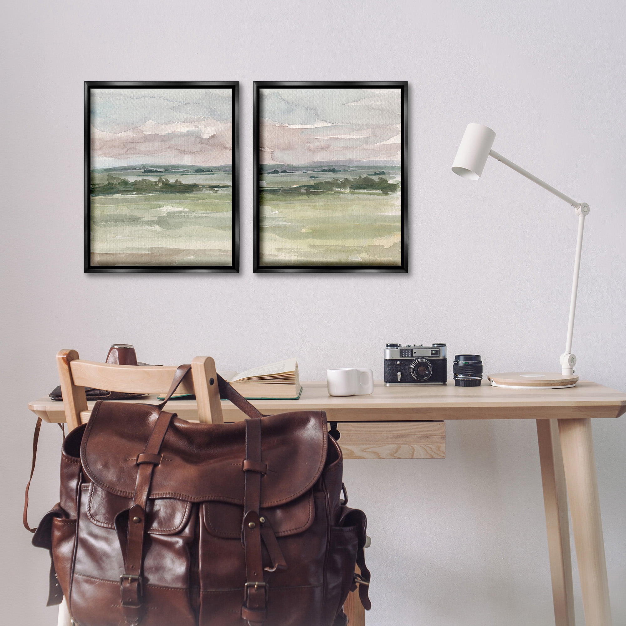 Stupell Industries Rural Landscape Watercolors Landscape Painting Black Floater Framed Canvas Art Print Wall Art, 17 x 21, Set of 2