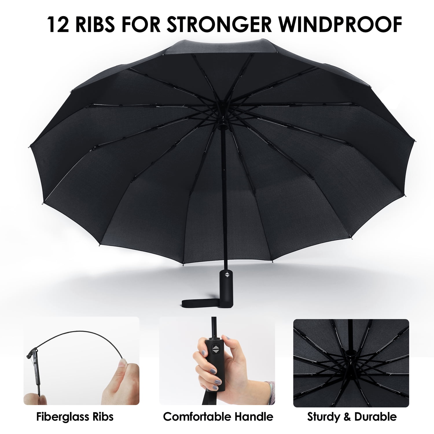 gastropod JIGUOOR 12 Ribs Wood Handheld Folding Umbrella Windproof Compact Travel,Auto Open/Close Large Rain Umbrellas w/Teflon Coating, Ergonomic Handle FREE Leather Case for Mens Women