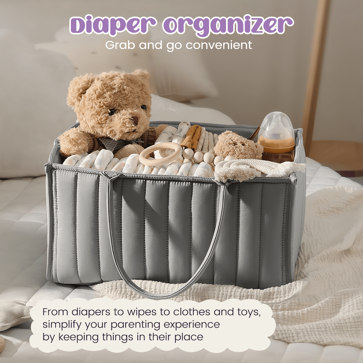 Baby Diaper Caddy Basket Organizer-Sturdy, Breathable & Washable, Large Organizer Tote Bag  for changing table, Diaper Nursery Storage Organizer for Baby Stuff, Baby Shower Gifts for Newborn, Gray