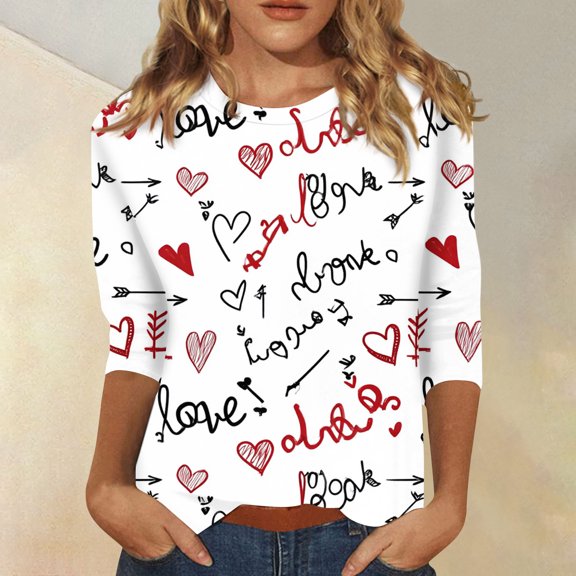 Resicozy Valentines Shirts For Women 3/4 Length Sleeve Valentine Day Top 2026 Cute Heart Printed Graphic Shirt Crewneck Pullover Wine#1 5XL