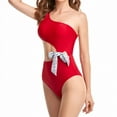 thumbnail image 3 of HAPIMO Women's Bikini Swimsuit Hawaiian Tropical Print Beachwear Oblique Shoulder Swimwear Sets Strappy Side Bow Bathing Suit Summer Seaside Clothes for Girls Savings Red M, 3 of 9