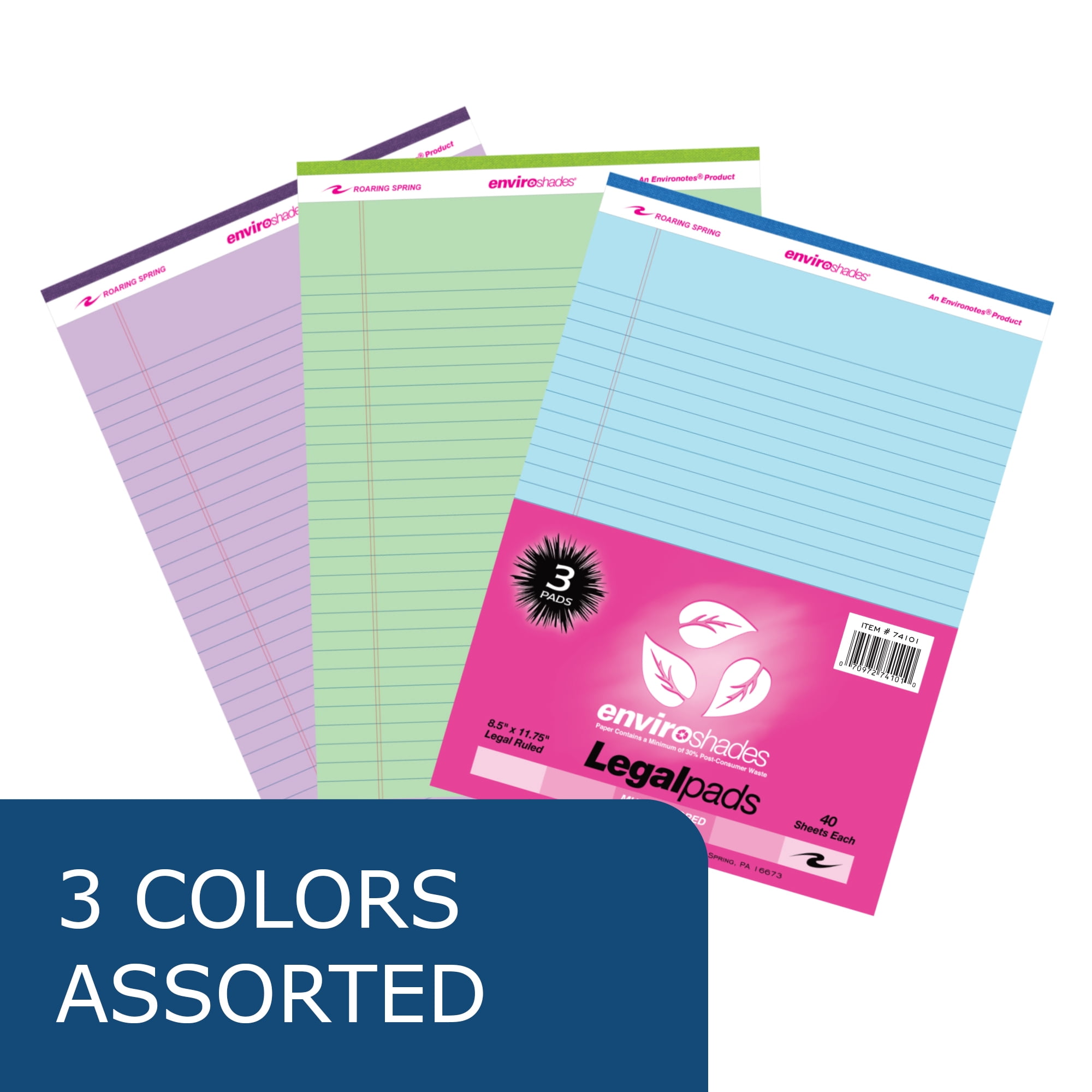 Roaring Spring Enviroshades Recycled Colored Legal Pads, Case of 54, 8.5" x 11.75", 40 Perforated Sheets, 15# Pastel Paper, Orchid/Purple, Blue, Green