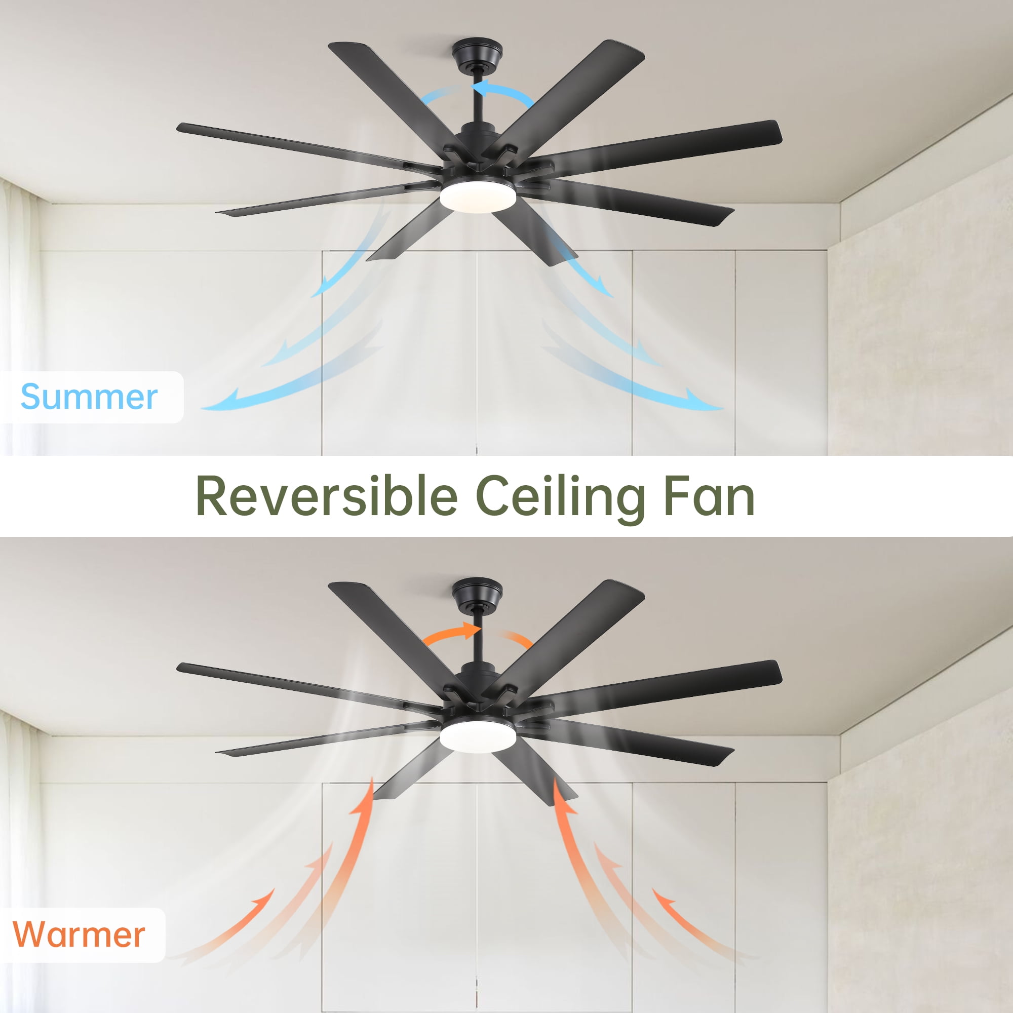 Ceiling Fan 66 Inch with Dimmable LED Light and 8 ABS Blades, Smart Ceiling Fan and Remote Control Fan with Reversible DC Motor for Home Office, Matte Black