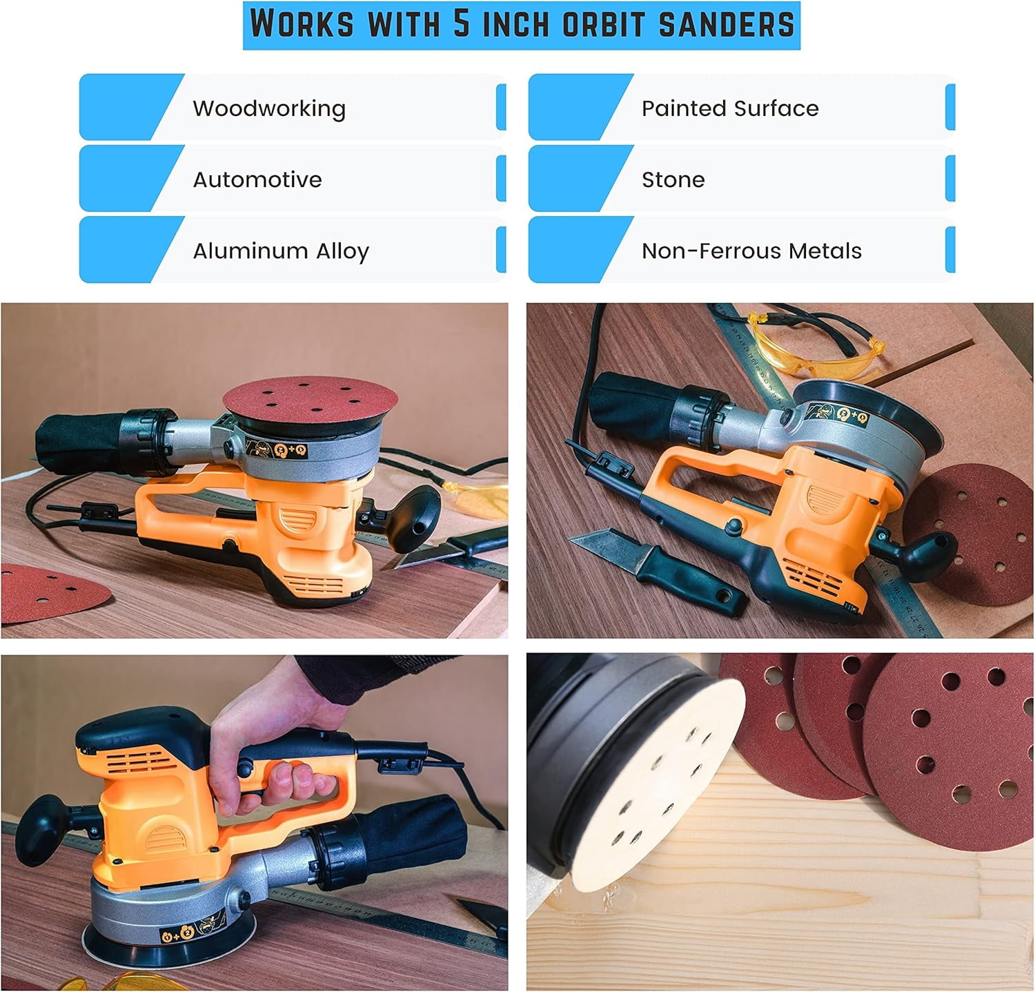 NEIKO 11271A 150 Piece Sanding Discs for 5” Orbital Sander, Hook and Loop, Sandpaper with 60, 80, 100, 120, 150, 180, 240, 320, 400, 600 Grit, Premium Aluminum Oxide, Solid Surface Sanding Pads