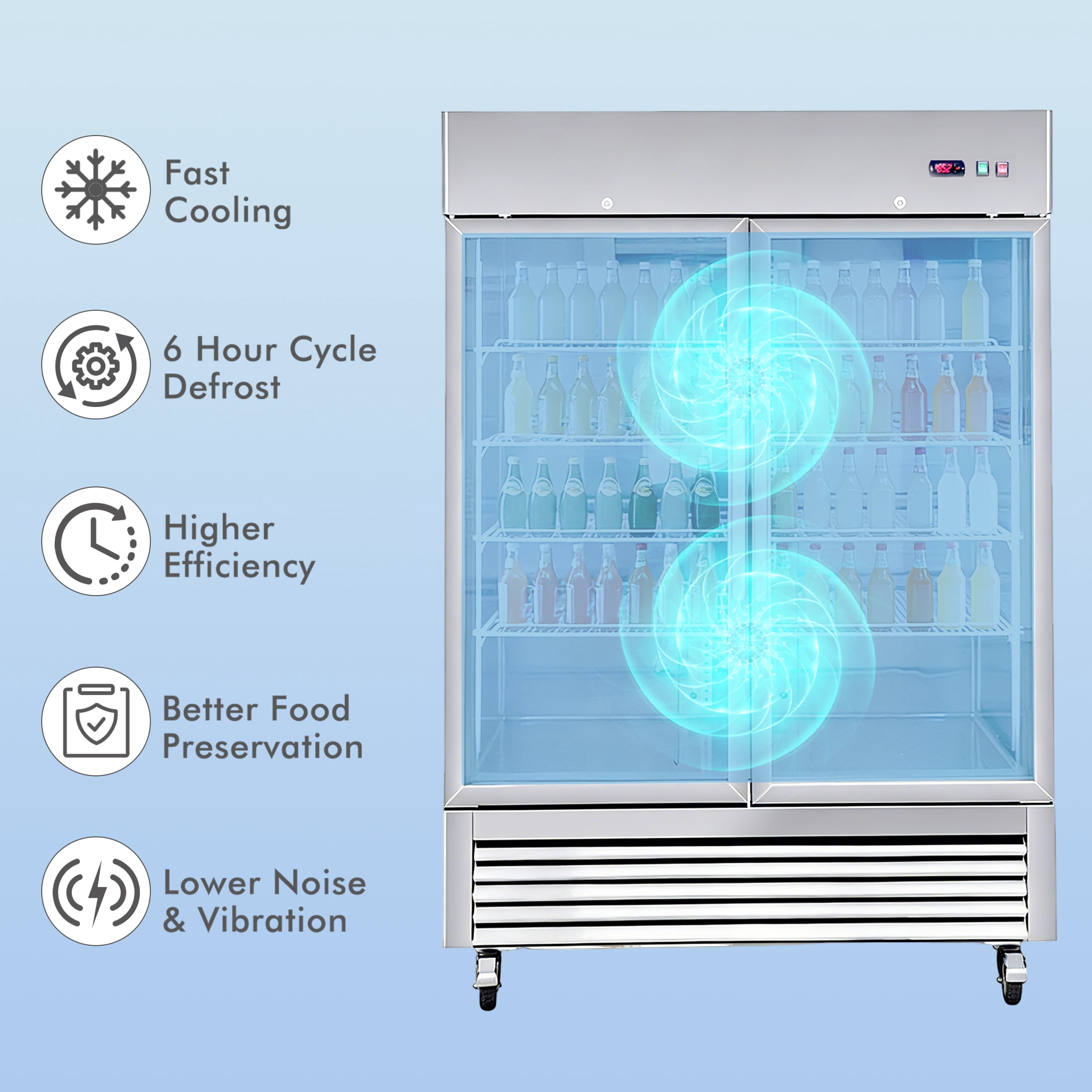 CTOSPOATO 54"W Commercial Refrigerator 2 Glass Door Stainless Steel Interior and Exterior Construction,42.2 Cu.ft.for Restaurant,Bar,Shop
