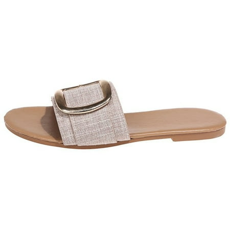 

TUOBARR Flat Sandals for Women Women s Fashion Leopard Print Flat Sandals And Slippers With Metal Buckle Beige