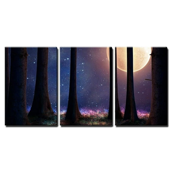 wall26 - 3 Piece Canvas Wall Art - Tall Trees of a Forest Illuminated with a Big Full Moon - Modern Home Art Stretched and Framed Ready to Hang - 24"x36"x3 Panels