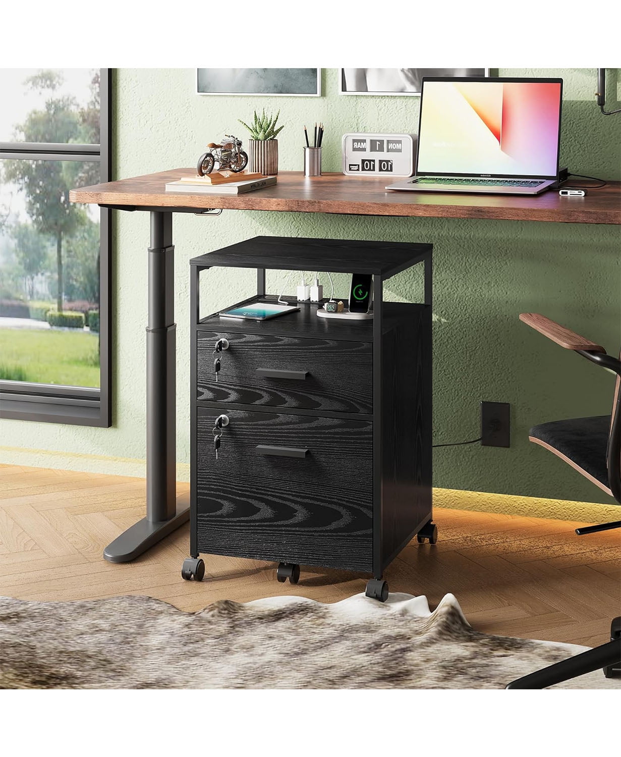 GALAXHERO 2-Drawer Wood File Cabinet with Lock and Charging Station, Mobile Printer Stand with Storage, Locking File Cabinet on Wheels for Letter/A4, Home Office, Black