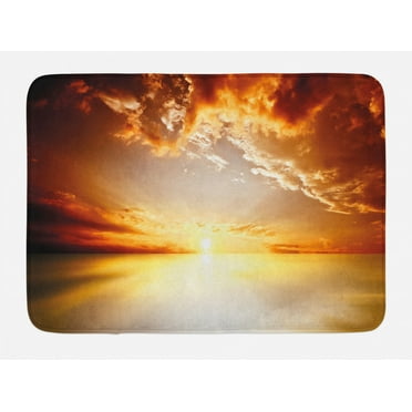 Sun Bath Mat, Majestic Sunset View Tranquil Horizon Dramatic Skyscape Clouds Ocean Outdoors, Non-Slip Plush Mat Bathroom Kitchen Laundry Room Decor, 29.5 X 17.5 Inches, Yellow Dark Orange, Ambesonne