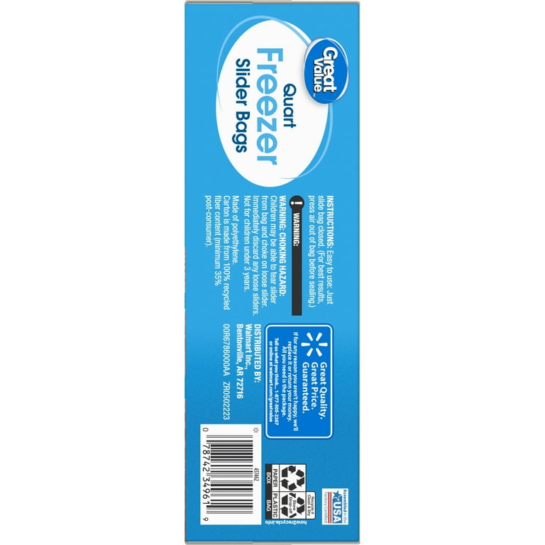 Great Value Freezer Guard Slider Zipper Bags, Quart, 50 Count