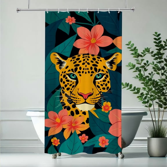 RKSupls Shower Curtain, Tropical Jaguar Head Flowers Waterproof Polyester Shower Curtain with Hooks for Chic Elegant Home Bathtub Bathroom Decor Washable Curtains