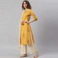 thumbnail image 4 of Janasya Indian Round Neck 3/4 Sleeve Striped Yellow Cotton Kurta With Palazzo And Dupatta For Women, 4 of 9