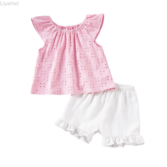 Liyamei Summer Baby Girl's Light Weight Sweet Knot Print Sleeveless Top With Ruffled Hem And Short Pants Set Girls Casual Sets Size Pink 3-4 Years
