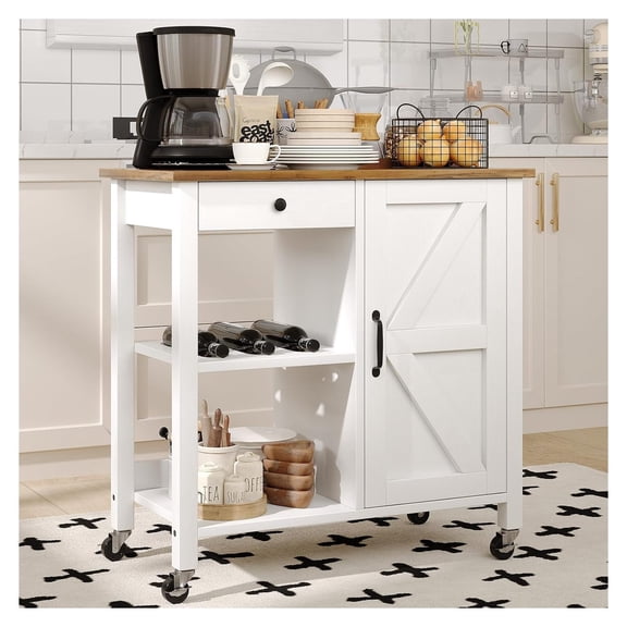 Kitchen Island Cart w Wheels, White Wood - Small Space