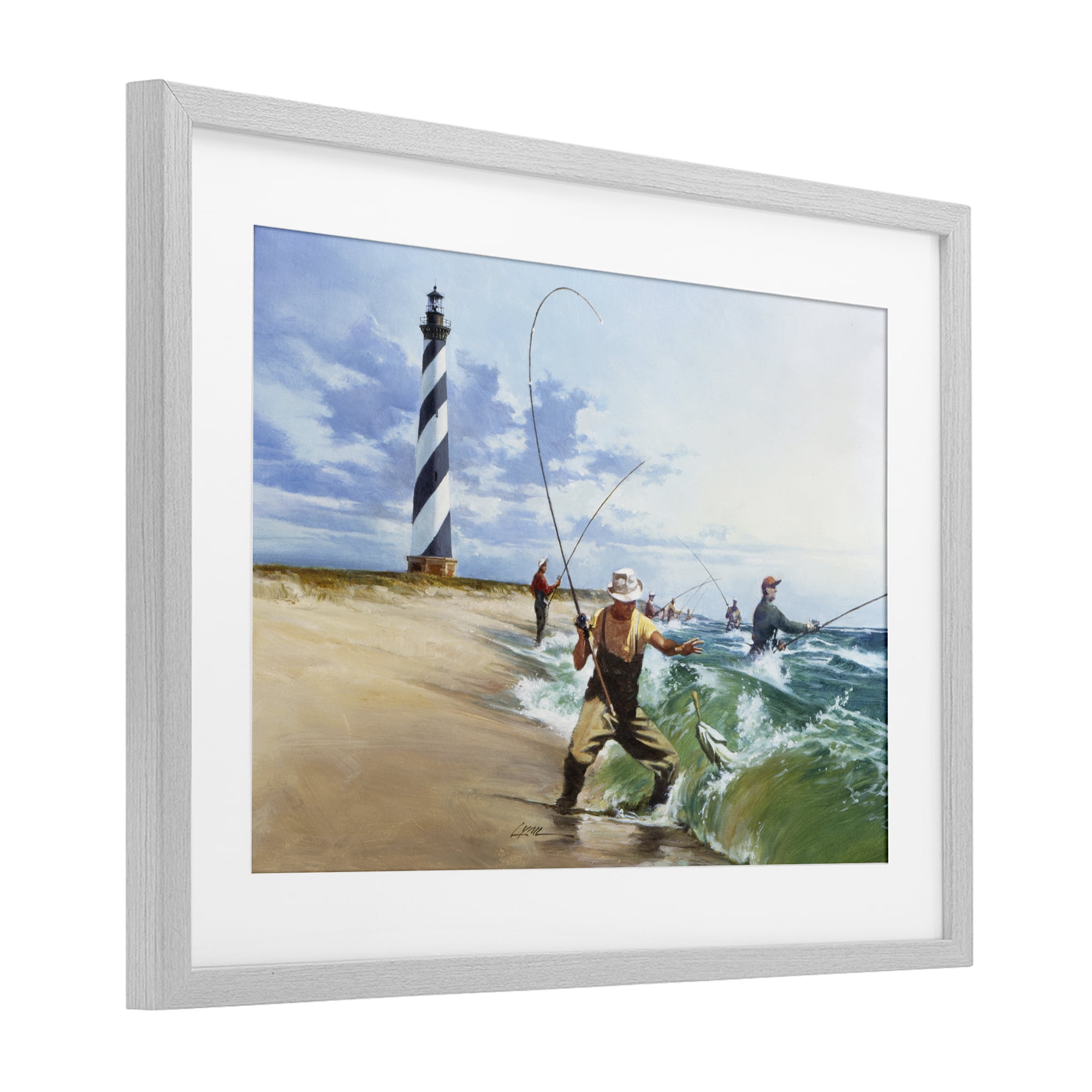 Cape Hatteras Fishermen Gray Framed Print Under Glass, design by Wind River Studios