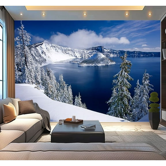 Peel and Stick Wallpaper Winter Crater Lake National Park Oregon Modern Art Wall Mural Decor Self Adhesive and Removable 100in x 144in