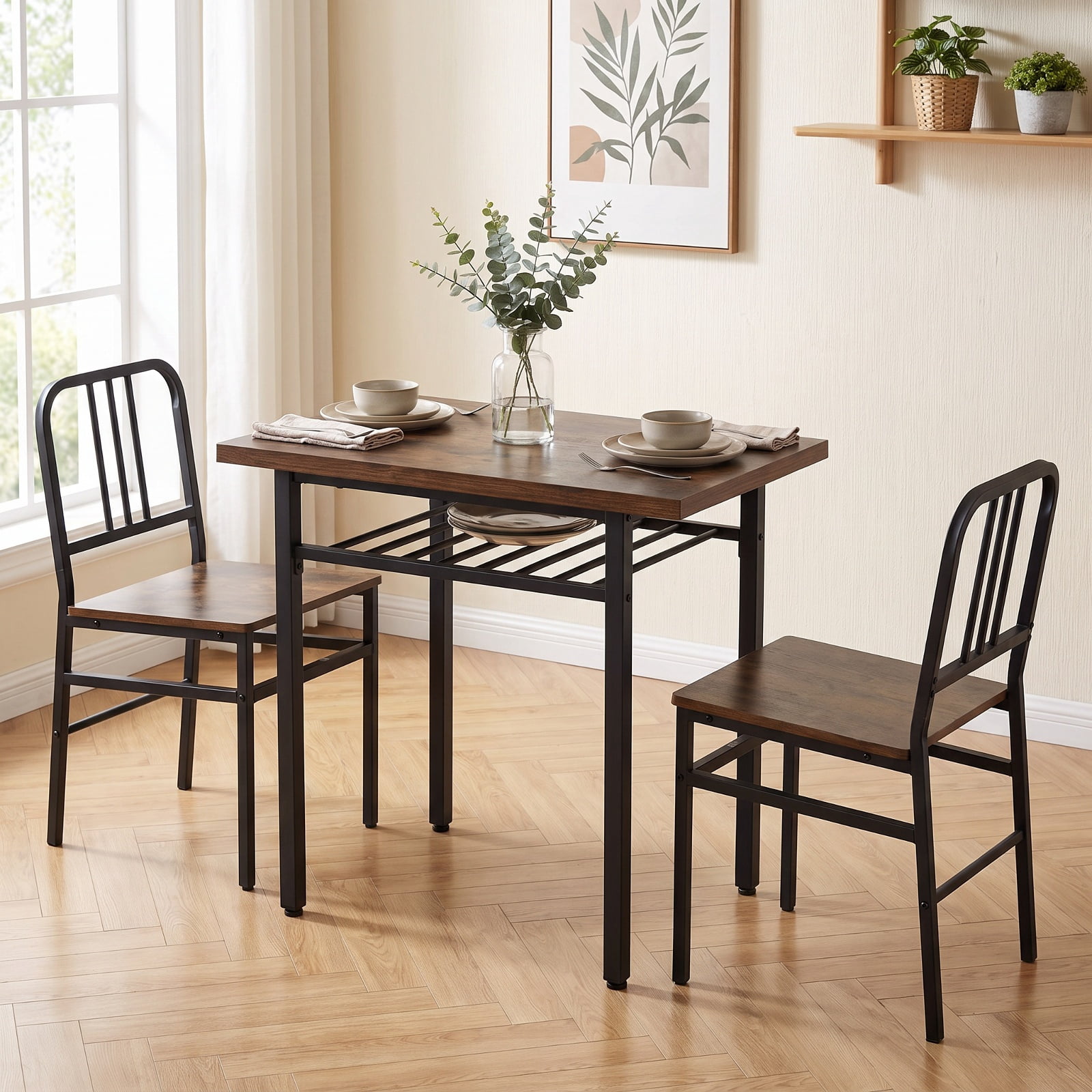 Furnibear 3-Piece Dining Table Set with Rectangular Kitchen Table and 2 Chairs for Kitchen Dining Room Breakfast Nook Home, Rustic Brown